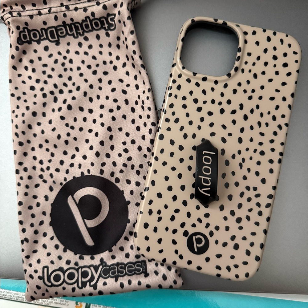 Loopy Case Cream Dalmatian Dot Phone Case with Black Loop Grip